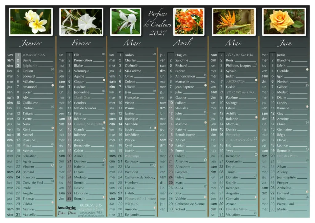 visuel d'un calendrier 2027 "Parfums de Couleurs" format A4, recto - personnalisé avec des photos de fleurs de Endless Detours